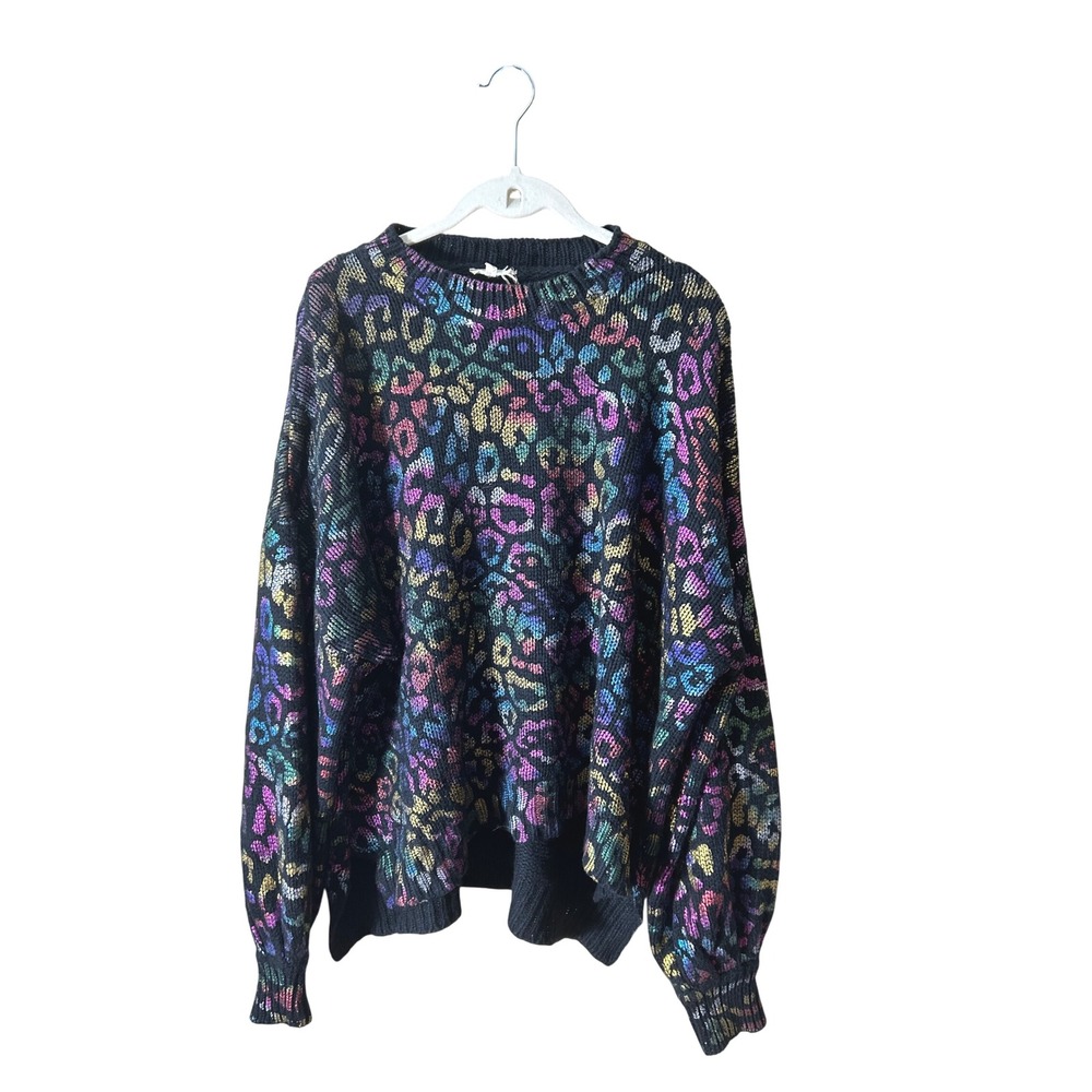 JODIFL Black Multi Color Leopard Print Metallic Knit Sweater Mock‎ Neck Size M